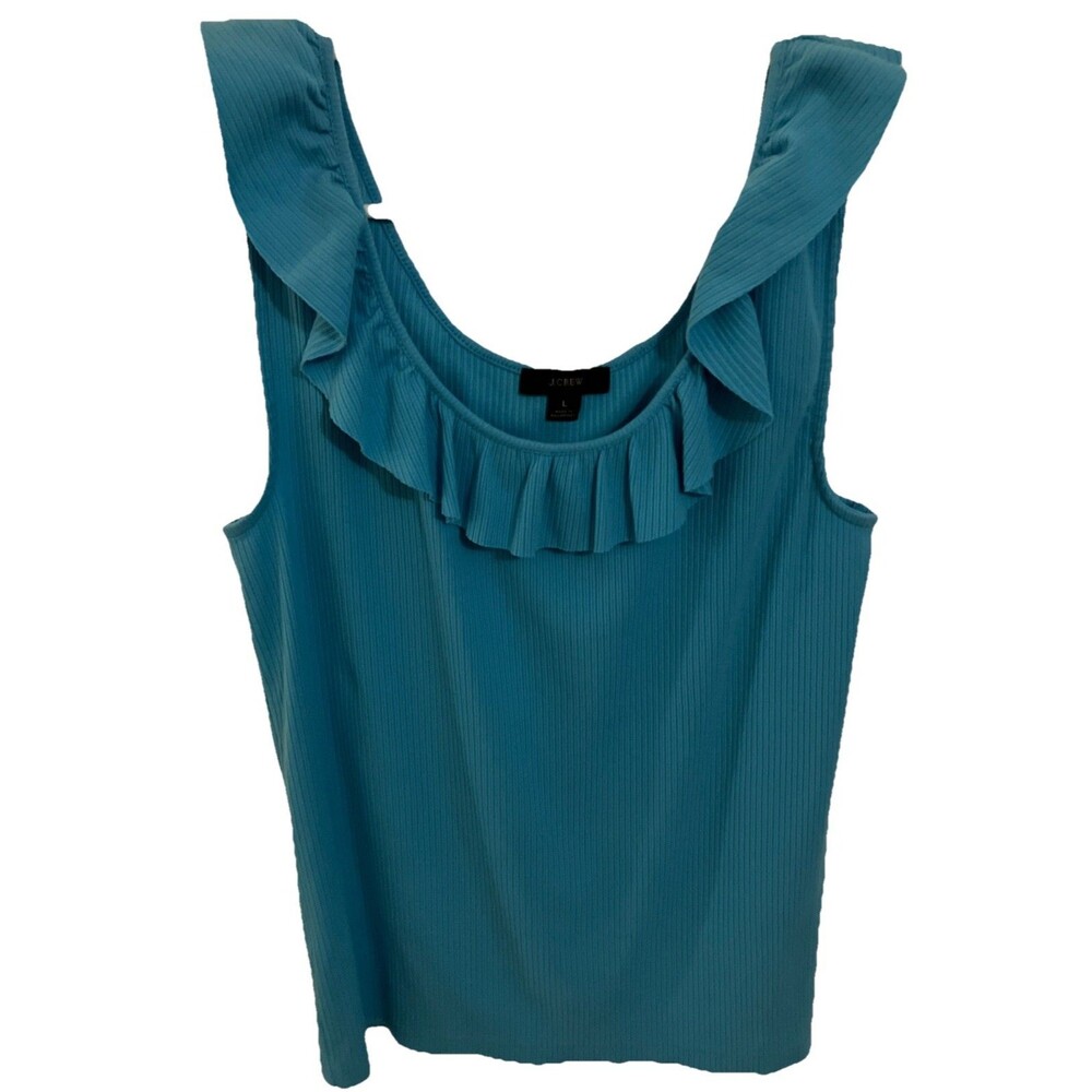 J Crew Top Blouse L Blue Ruffle Neck Sleeveless Minimalist Cotton Blend Summer